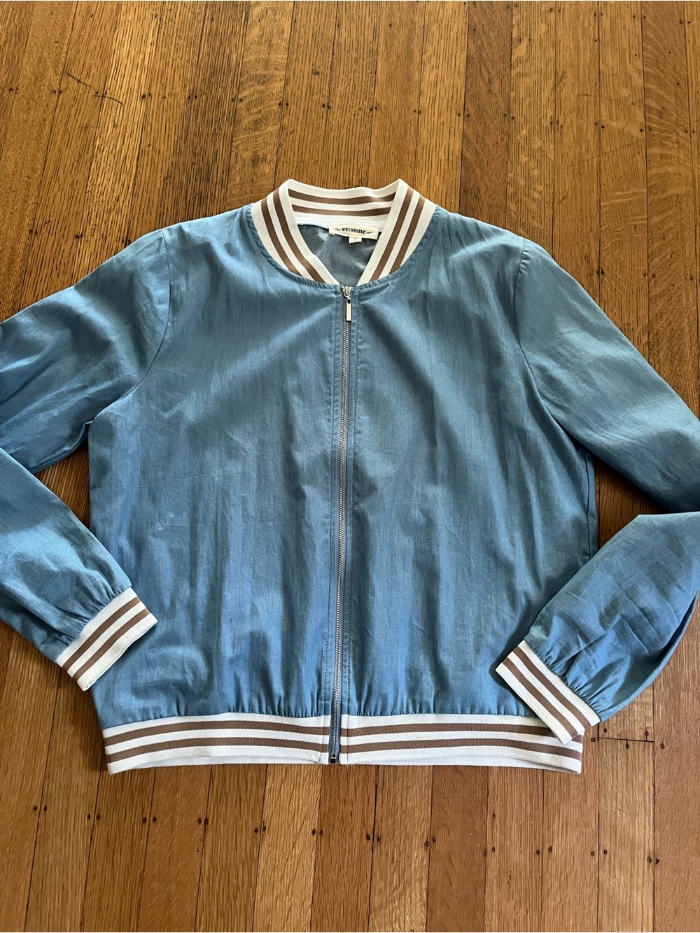 eesome Light Blue Bomber Jacket with White & Brown Trim